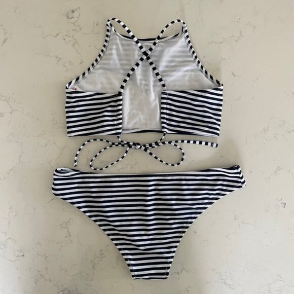 Shekini High Neck Lace Up Back Striped 2 Piece Bikini Set Navy   White Sz L NWOT - Picture 2 of 12